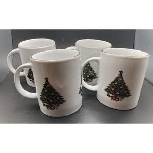 (4) Sea Gull Fine China Christmas Tree Coffee Mugs Teacups with Gold Rim w/ Box